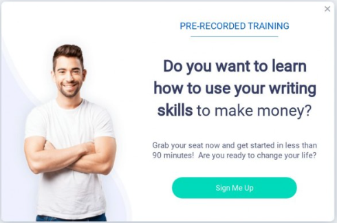 Images shows a young man asking "Do you want to learn how to use your writing skills to make money?