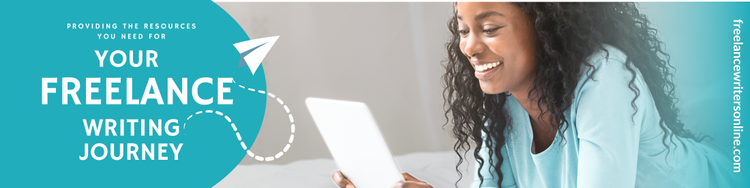 Woman looking at tablet device and smiling.  Your Freelance Writing Journey