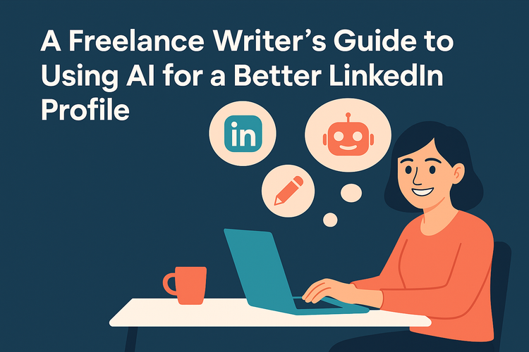 Woman in orange shirt sitting at a table with laptop and coffee cup. A freelance Writer's Guide to Using AI for a Better LinkedIn Profile.