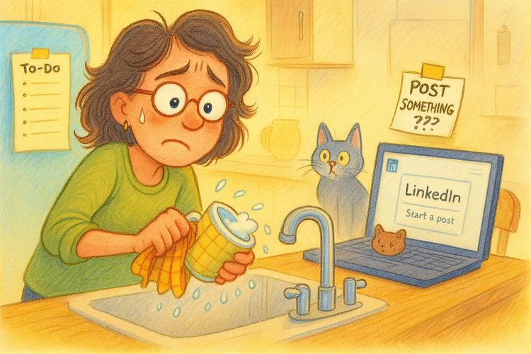 An older woman scrubs a mug trying to avoid the task she's set herself of posting on LinkedIn. The cat has stopped chasing a mouse and both are watching her.