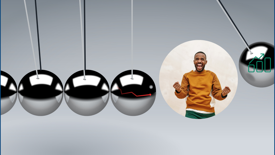 5 Steel balls hanging from strings, grey background, with one circle containing a man in yellow jumping yelling happily